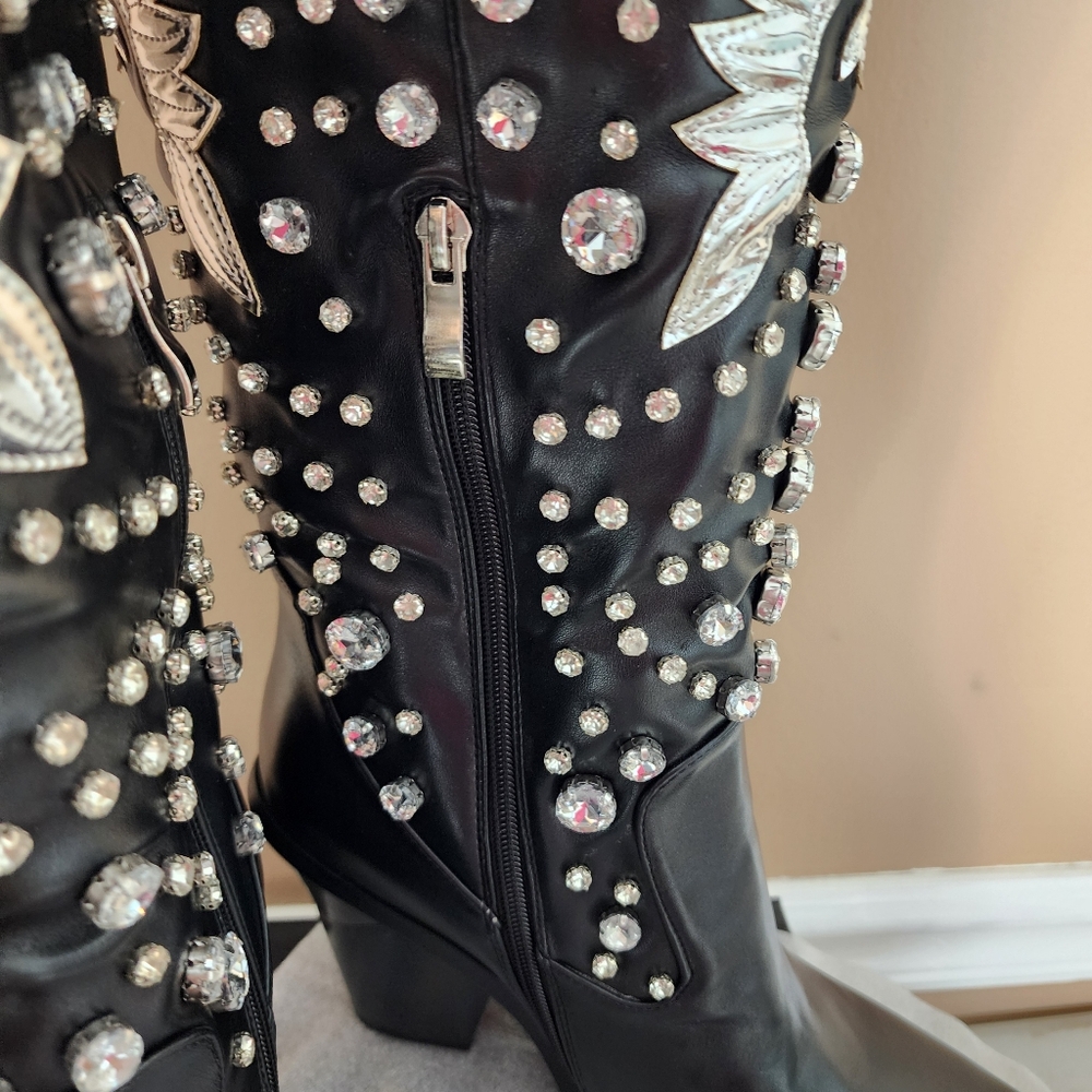 AZALEA WANG Upbeat Black Jeweled Rhinestone Tall Western Cowboy Boots 7-11 NWT - Picture 13 of 14